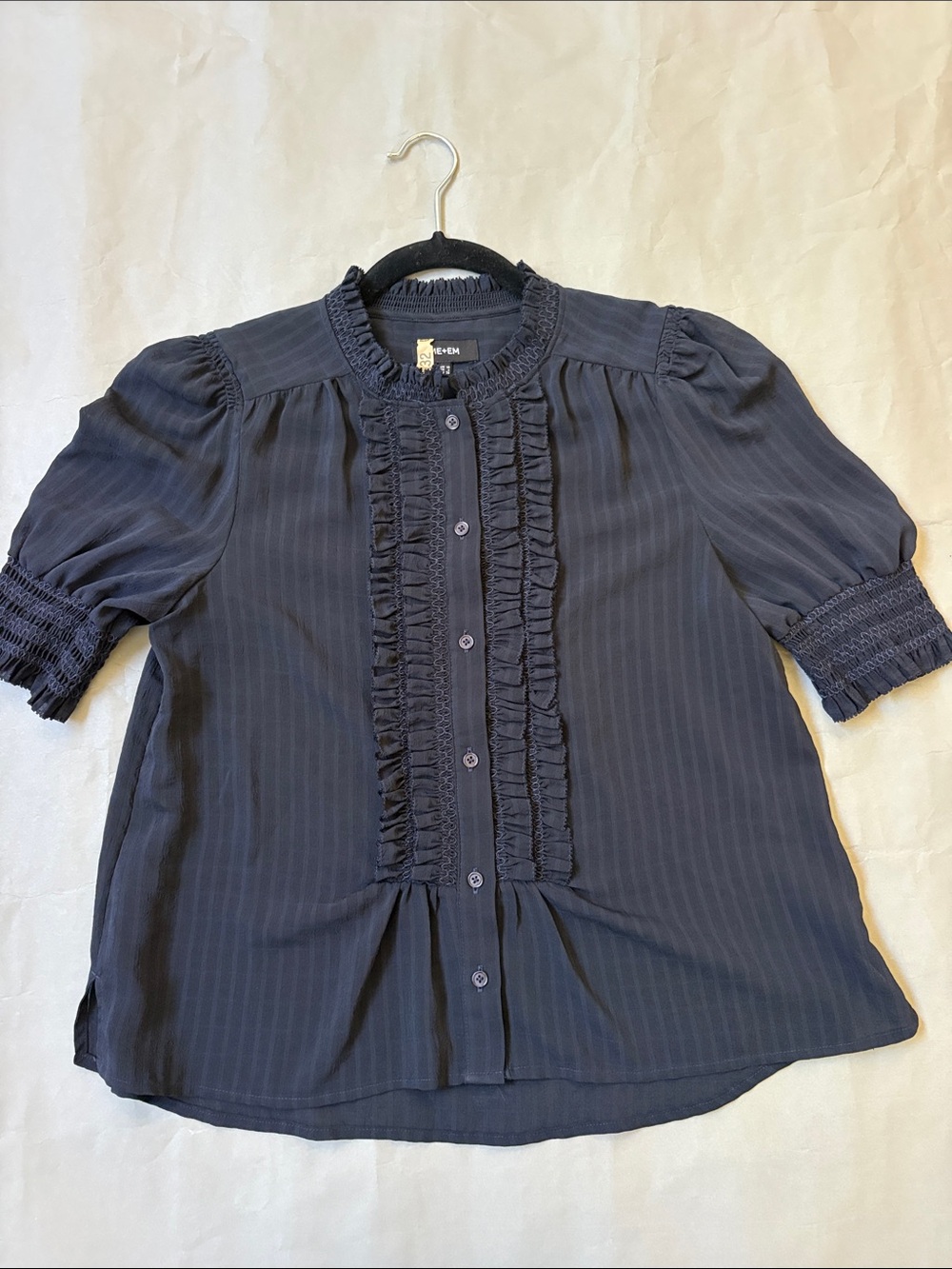 Me+Em Navy Ruffle-Front Puff Sleeve Blouse. US 6